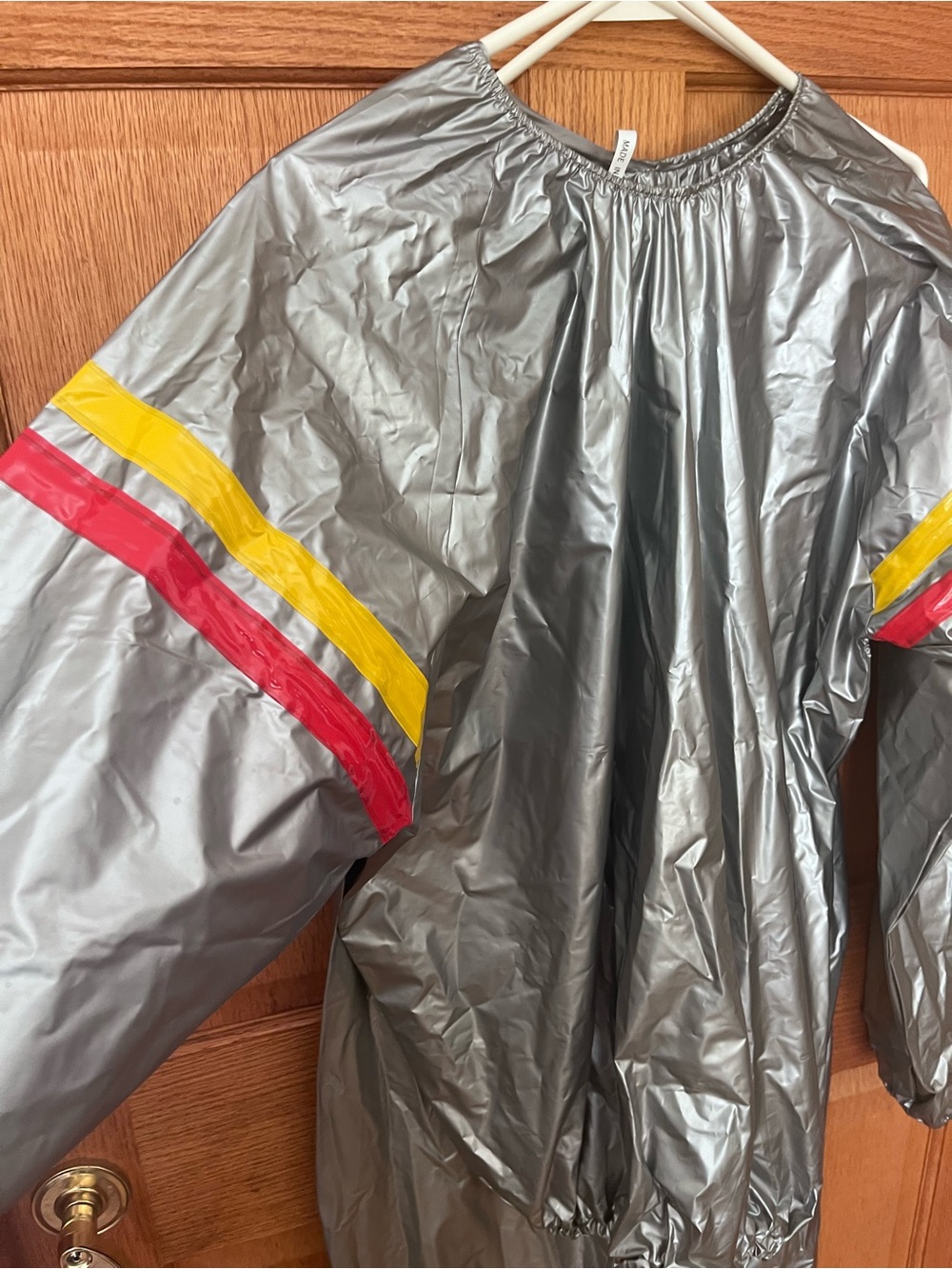 Vintage 80s Silver Women's Sauna Sweat Suit with Red & Yellow Stripe Details - Picture 2 of 5